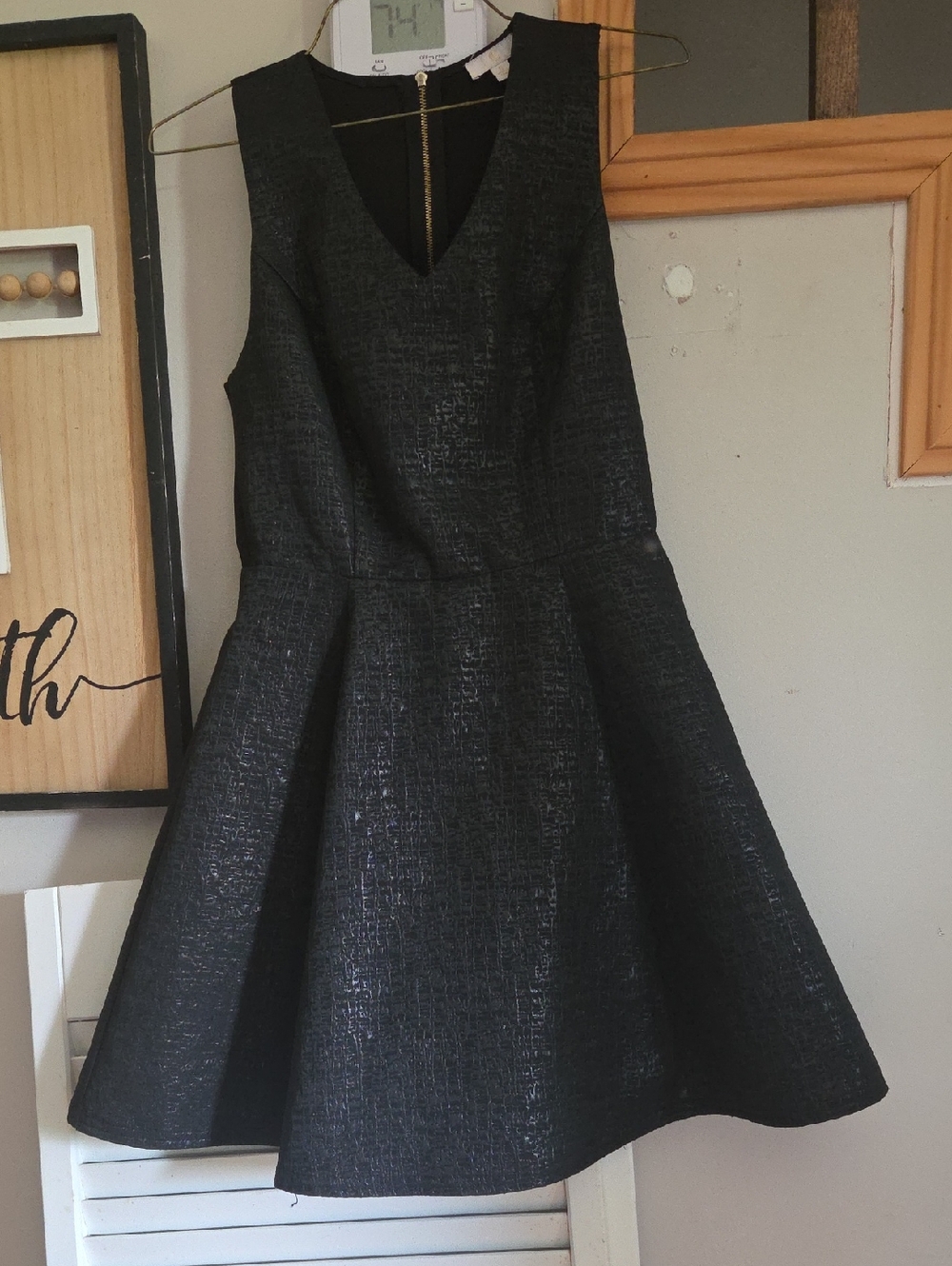 C Black Textured V-Neck Fit-and-Flare Mini Dress
